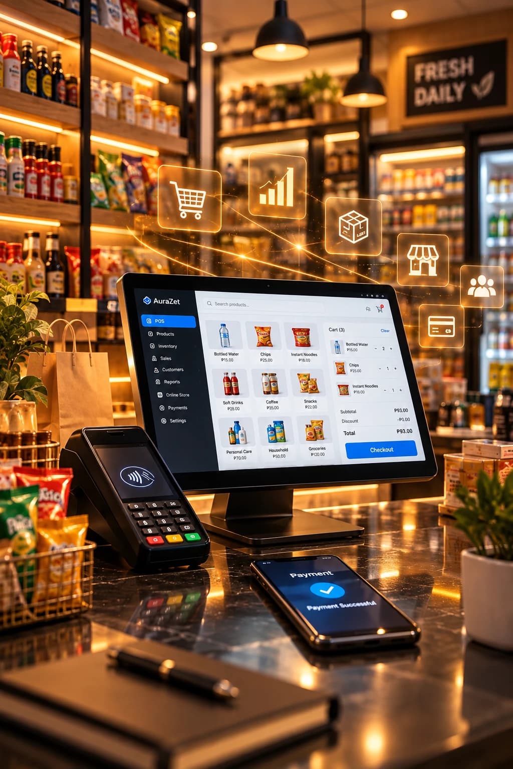 A shop counter with an AuraZet Commerce point-of-sale screen, card terminal and a phone confirming payment