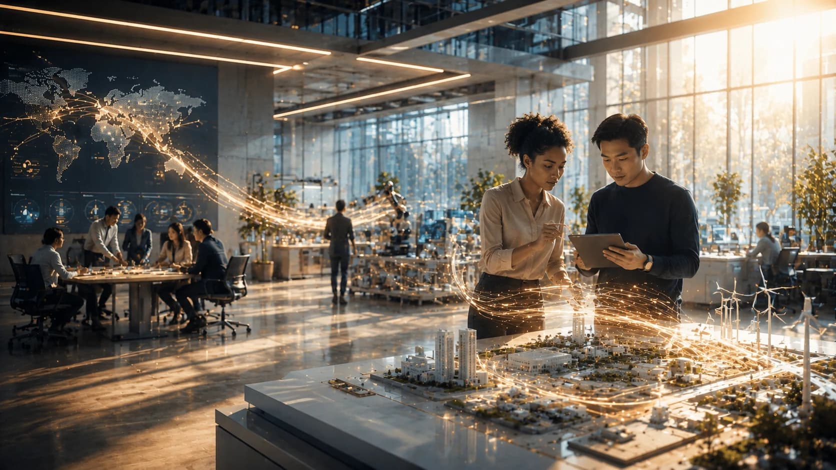 Two colleagues collaborating over an illuminated connected city model