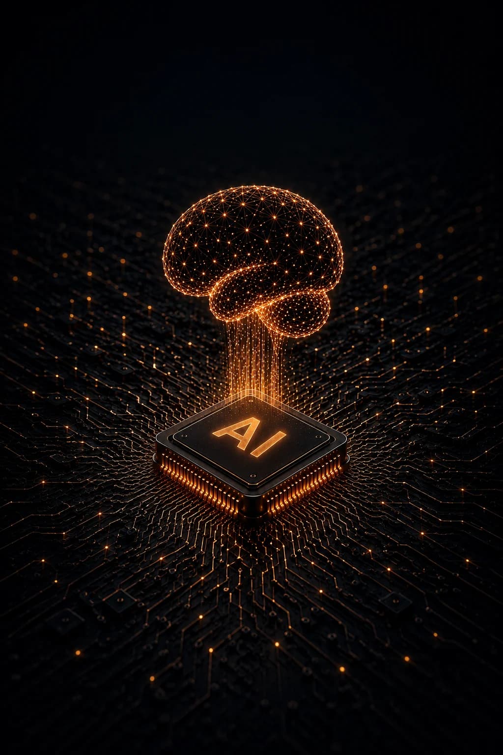 A copper neural network brain connected to an AI-labelled processor