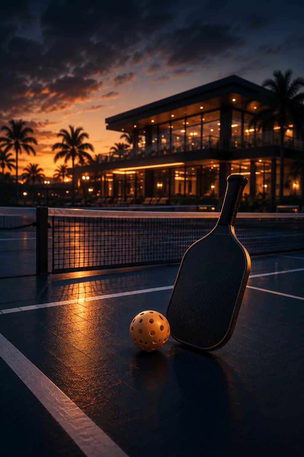 A premium pickleball facility at dusk, paddle and ball courtside