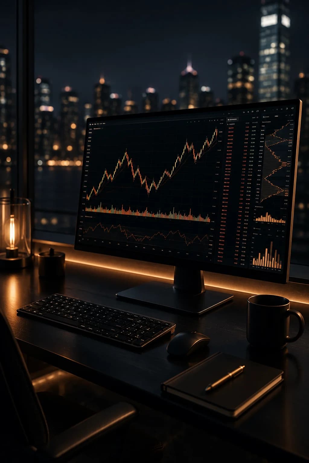 A trading-intelligence workstation overlooking a city skyline at night
