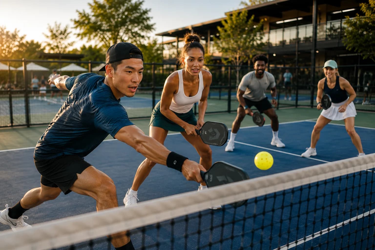 Diverse group playing pickleball together